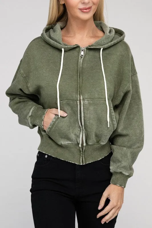 Acid Wash Fleece Cropped Zip-Up Hoodie