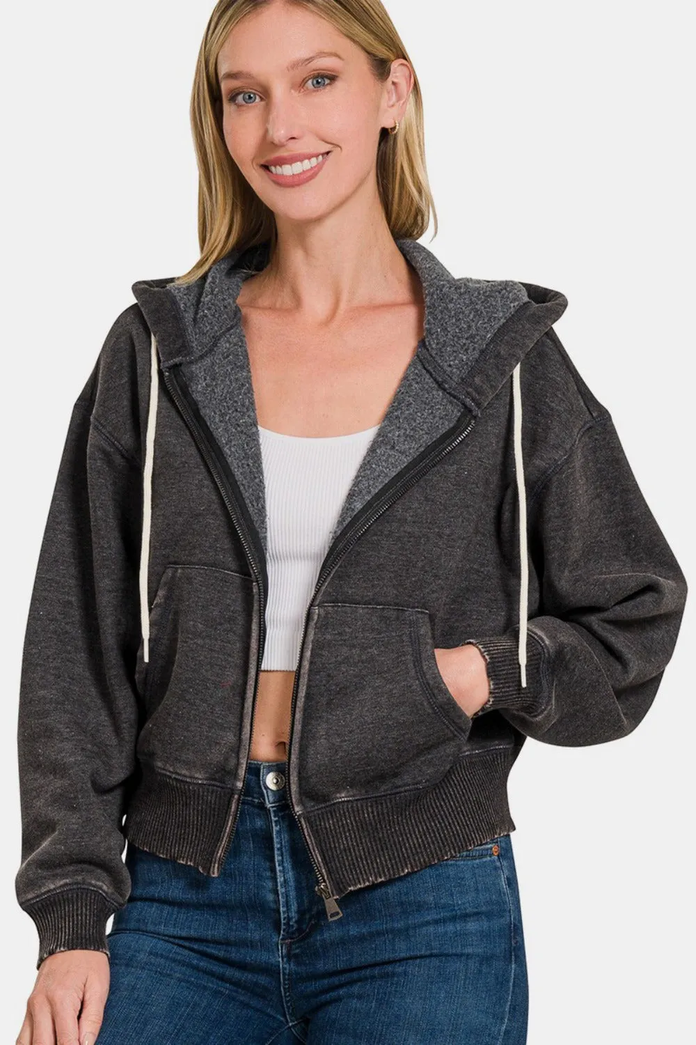 Acid Wash Fleece Zip-Up Cropped Hoodie