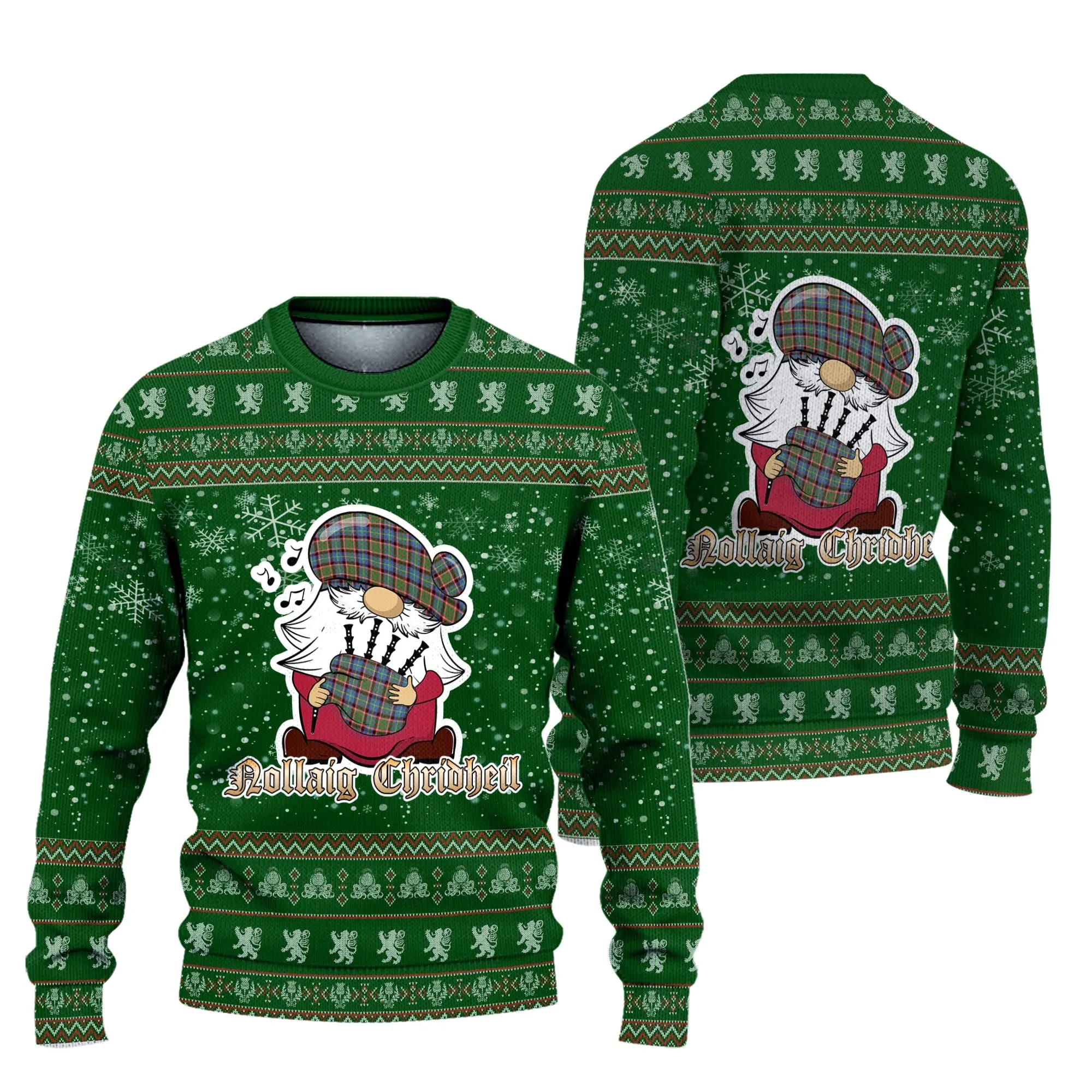 Aikenhead Clan Christmas Family Ugly Sweater with Funny Gnome Playing Bagpipes