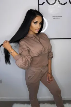 Ari Taupe Ribbed Waist Hoodie Tracksuit Set