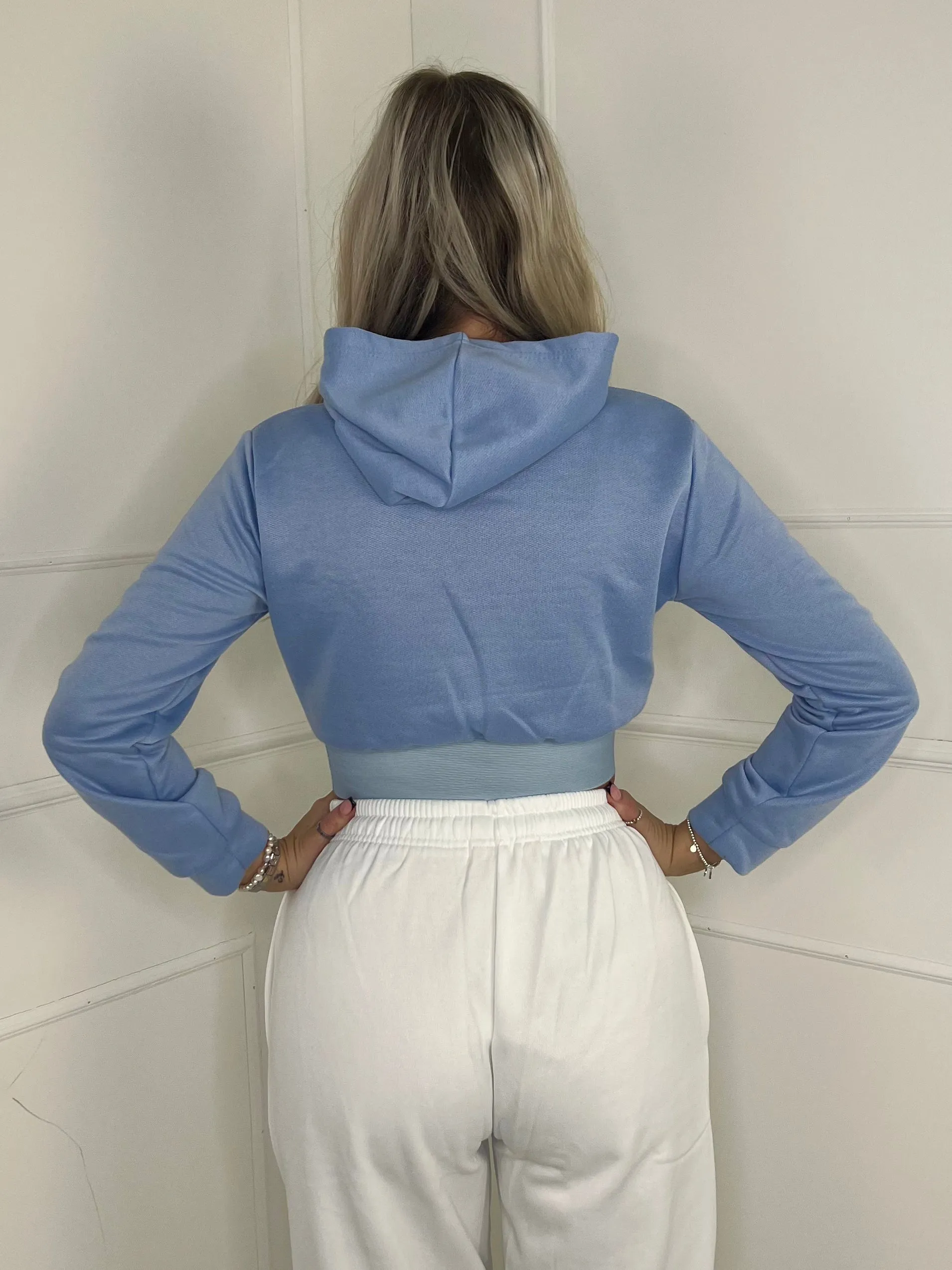 Band Detail Cropped Hoodie - Baby blue