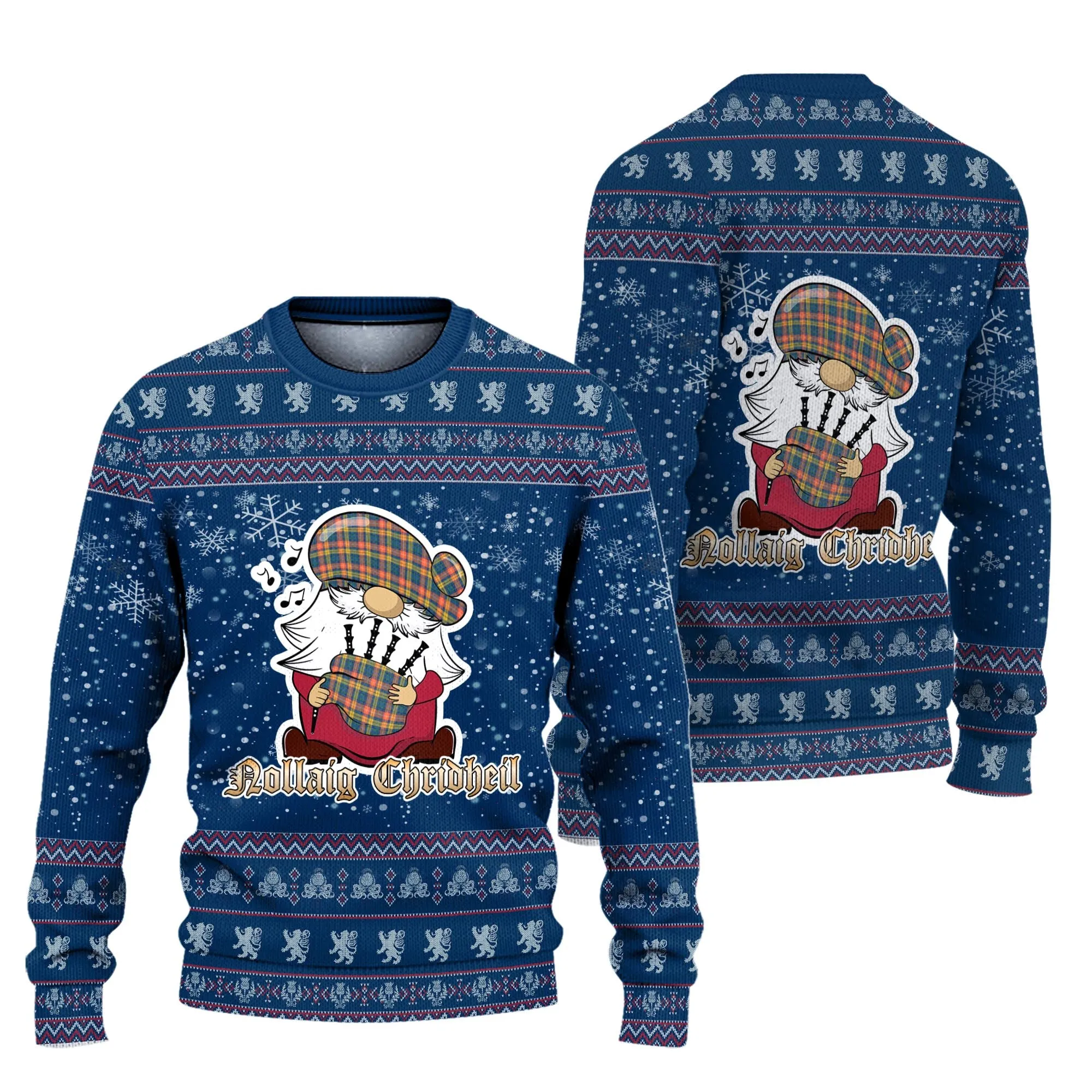 Buchanan Ancient Clan Christmas Family Ugly Sweater with Funny Gnome Playing Bagpipes