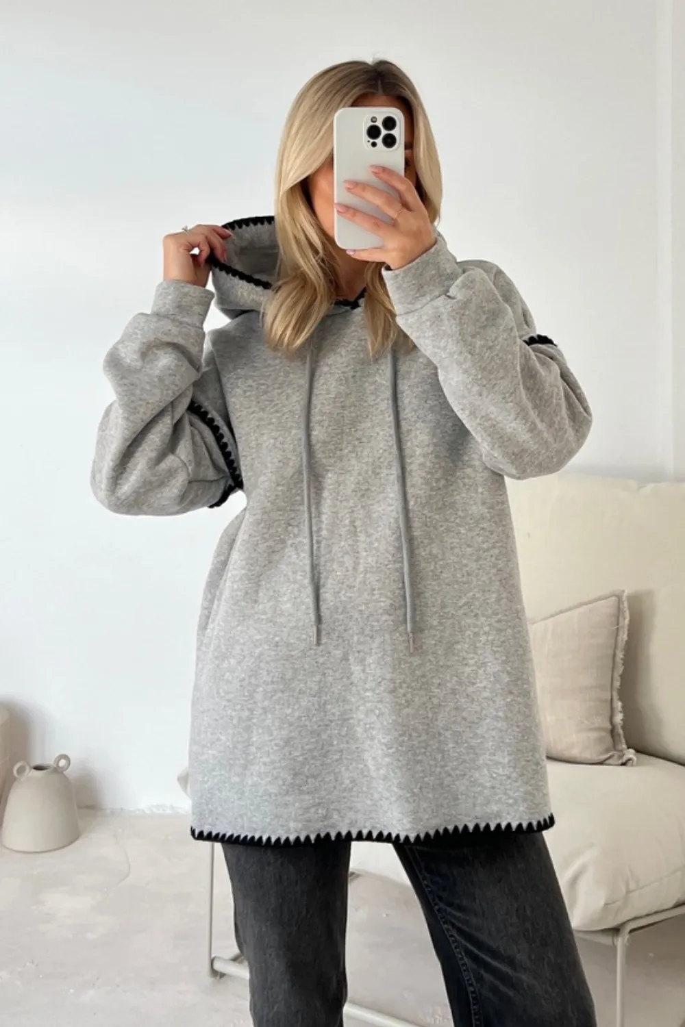 Cassandra grey hoodie with embroidered trim