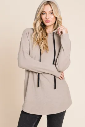 Contrast Drawstring Drop Shoulder Knit Hoodie - Taupe