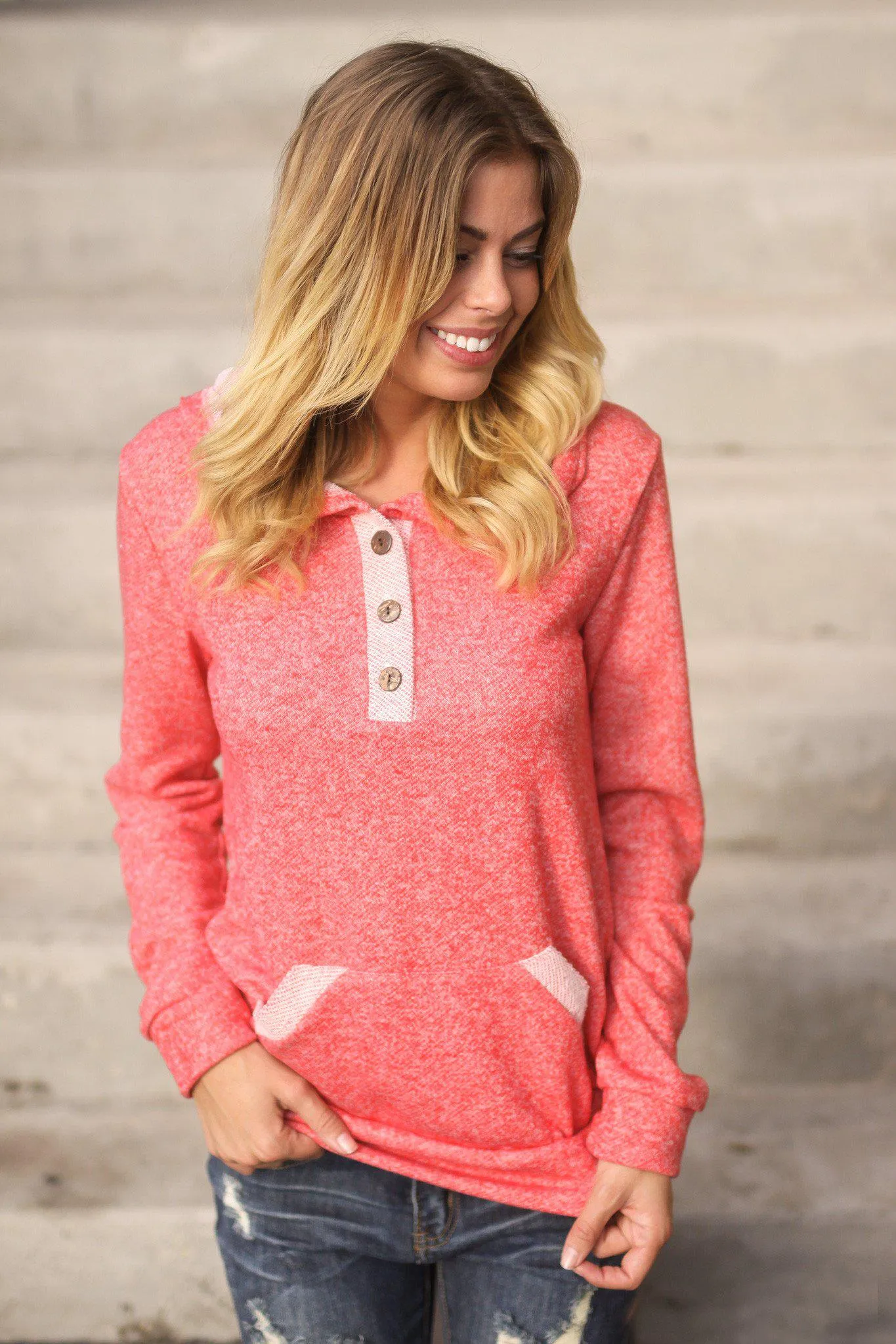 Coral Hoodie with Buttons