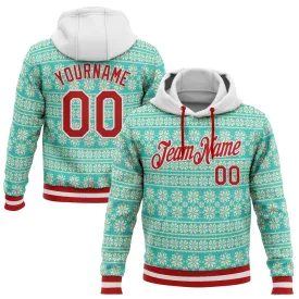 Custom Stitched Aqua Red-White 3D Christmas Sports Pullover Sweatshirt Hoodie