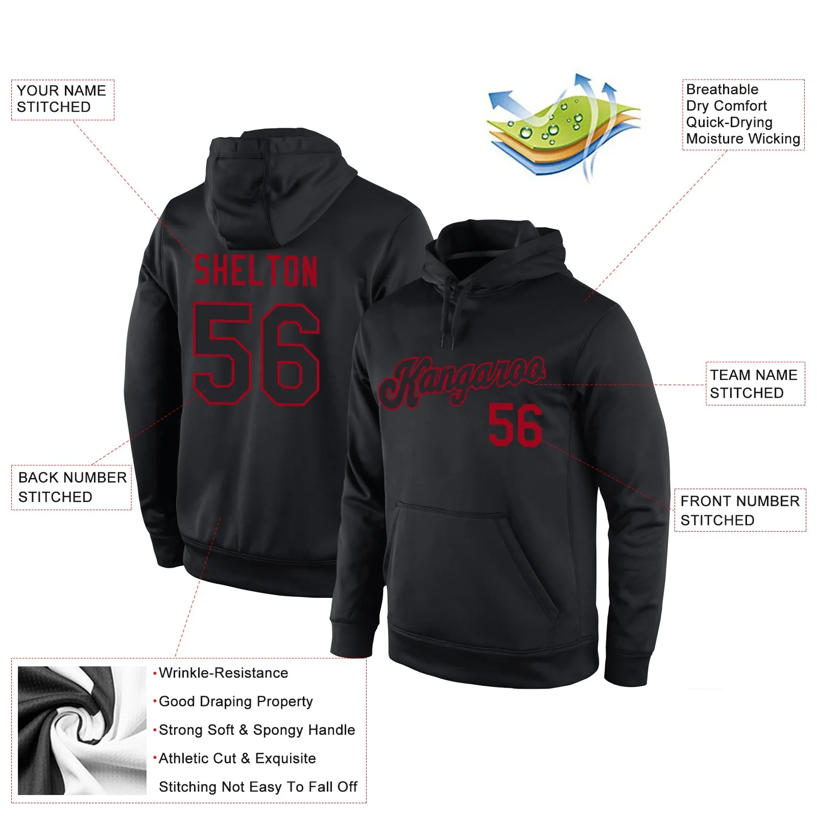 Custom Stitched Black Black-Red Sports Pullover Sweatshirt Hoodie