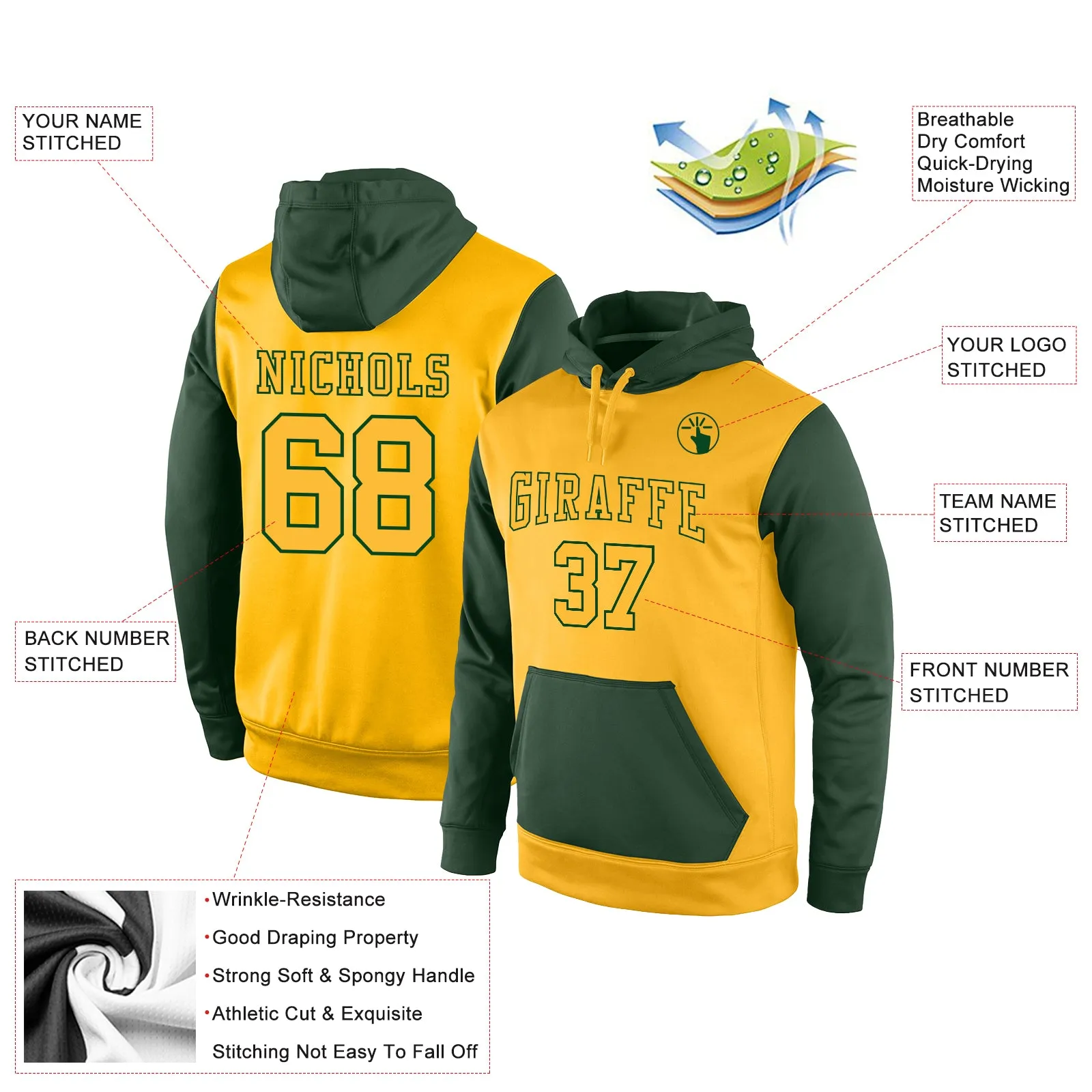 Custom Stitched Gold Gold-Green Sports Pullover Sweatshirt Hoodie