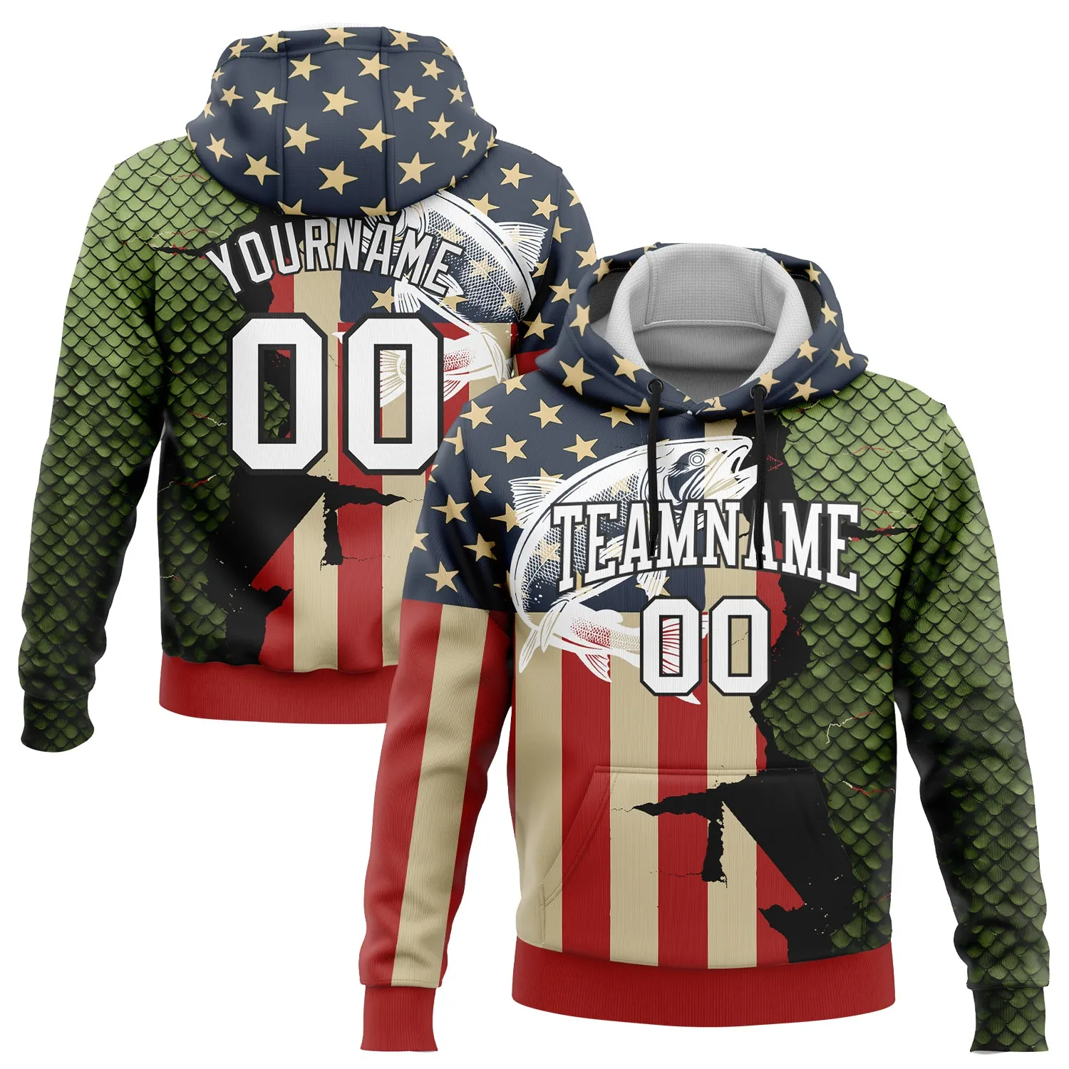 Custom Stitched Navy City Cream Red-Black 3D American Flag And Northern Pike Fish Fishing Sports Pullover Sweatshirt Hoodie