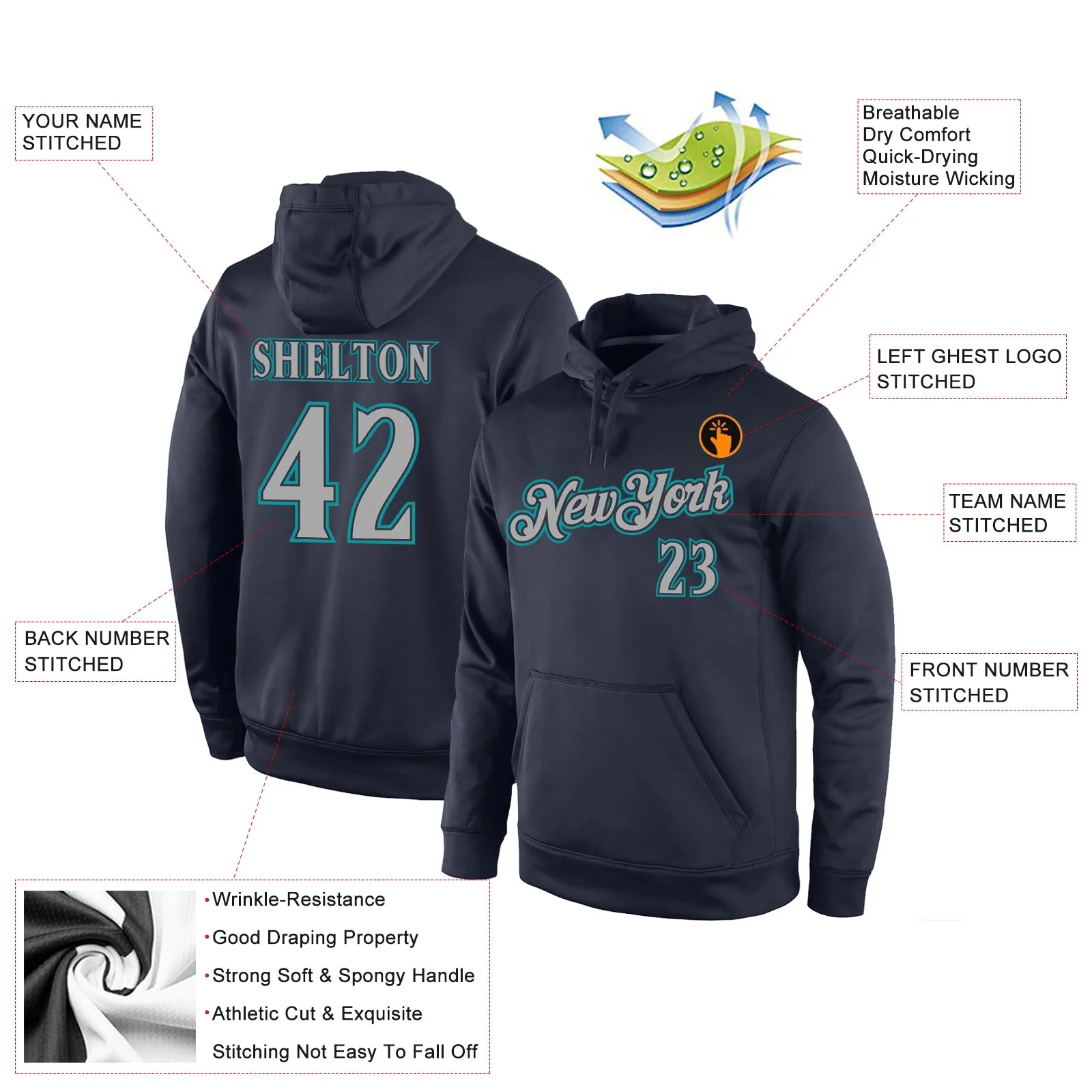 Custom Stitched Navy Gray-Aqua Sports Pullover Sweatshirt Hoodie