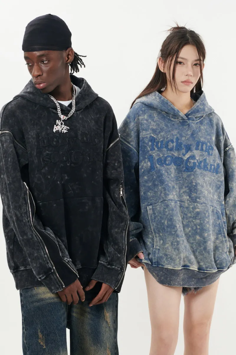 Distressed Lettering Detachable Sleeve Hoodie