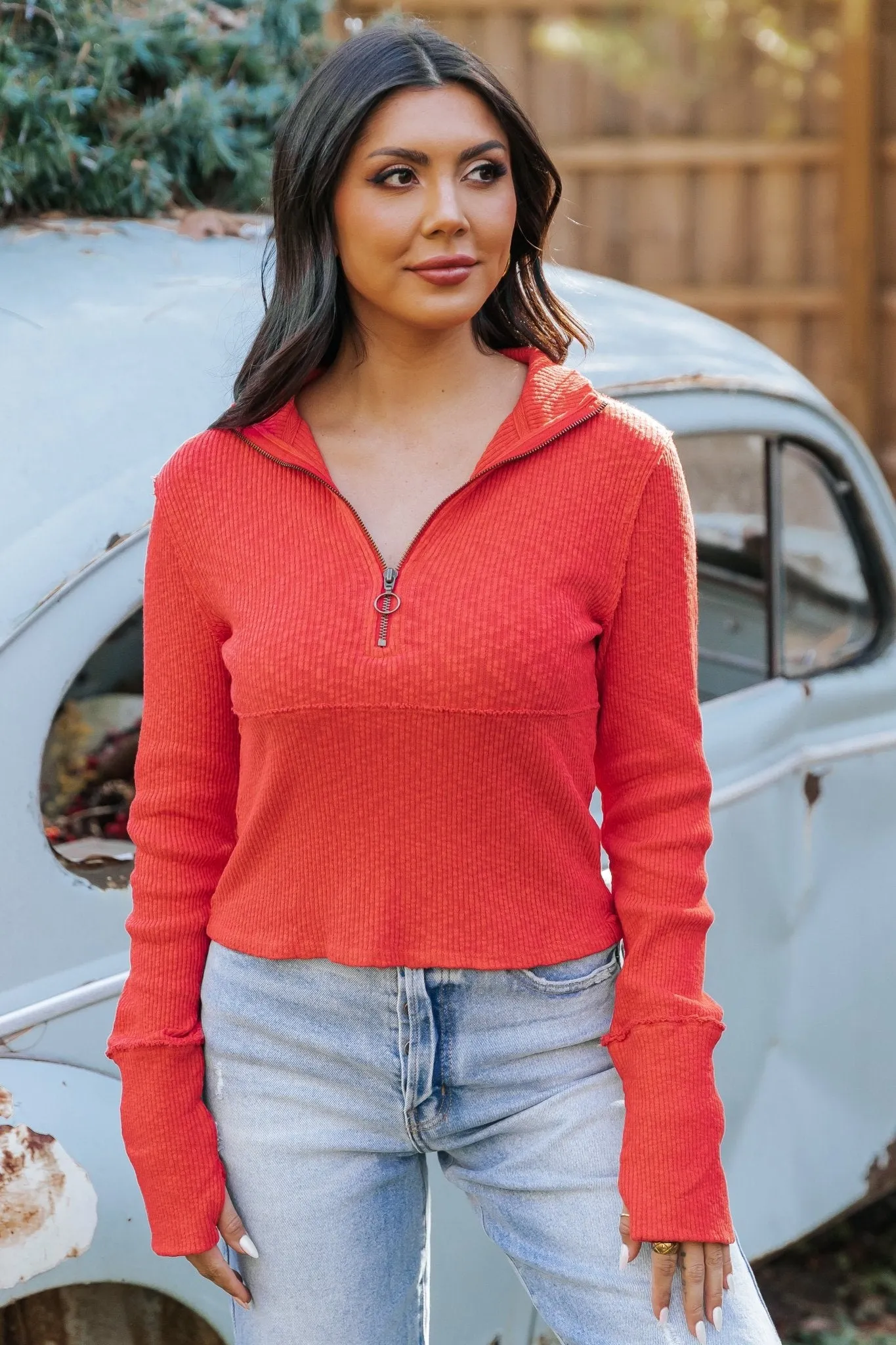 Free People Red Midnight Half Zip Pullover