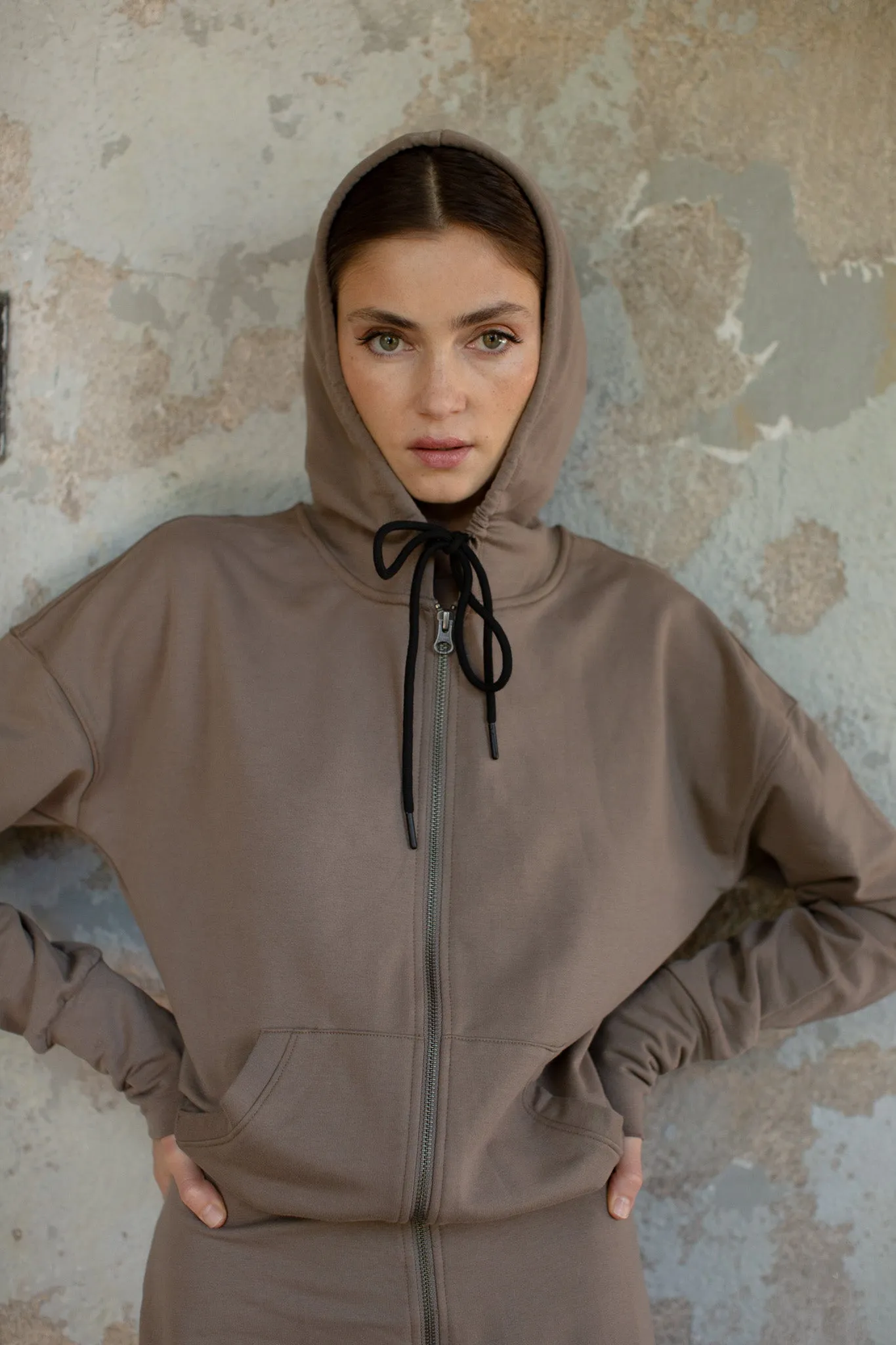 Front Zip Hoodie Dress- Taupe