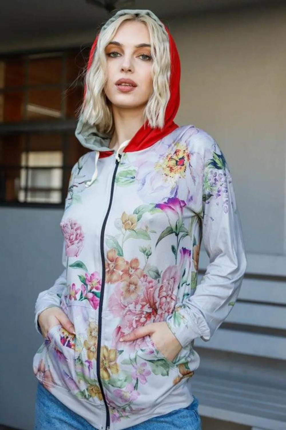 Full Size Floral Zip Up Hoodie