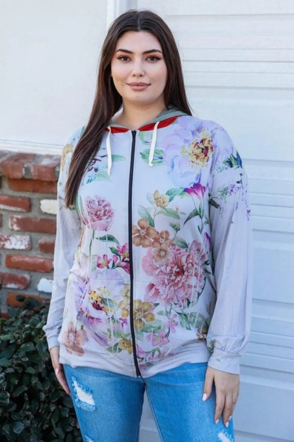 Full Size Floral Zip Up Hoodie