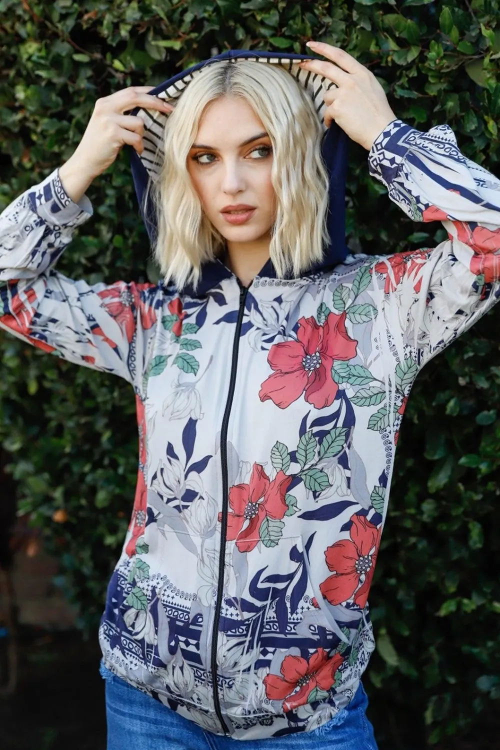 Full Size Floral Zip Up Hoodie