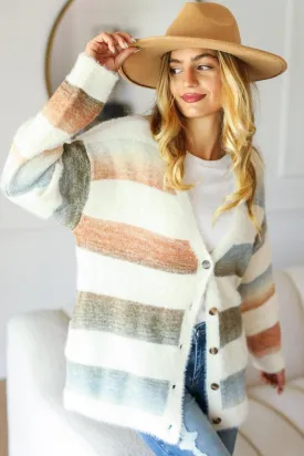 Haptics Sweater Cardigan Button Down Stripe Soft Fuzzy Single Breasted