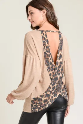 Leopard Crossover Cut Out Back Knit Top - Taupe