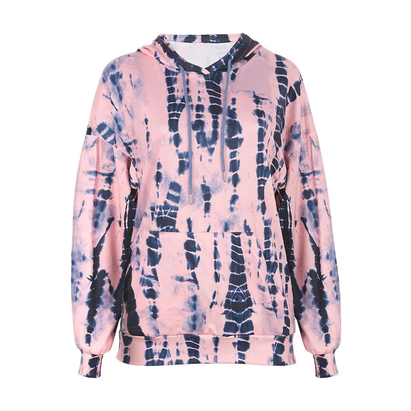 Long-Sleeved Plus Size Tie-Dye Printed Hooded Sweatshirt