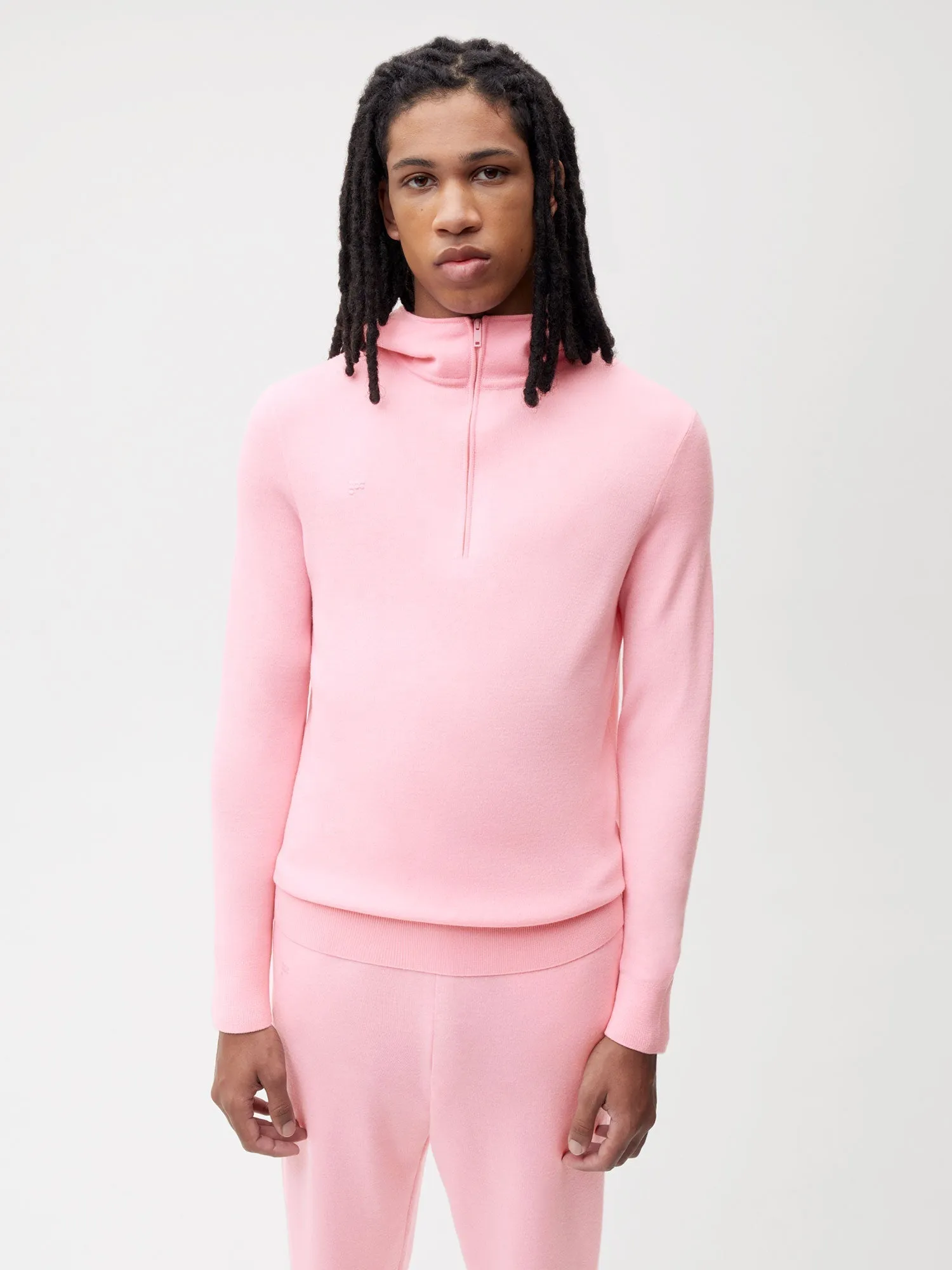 Merino Wool Half Zip Hoodie—sakura pink