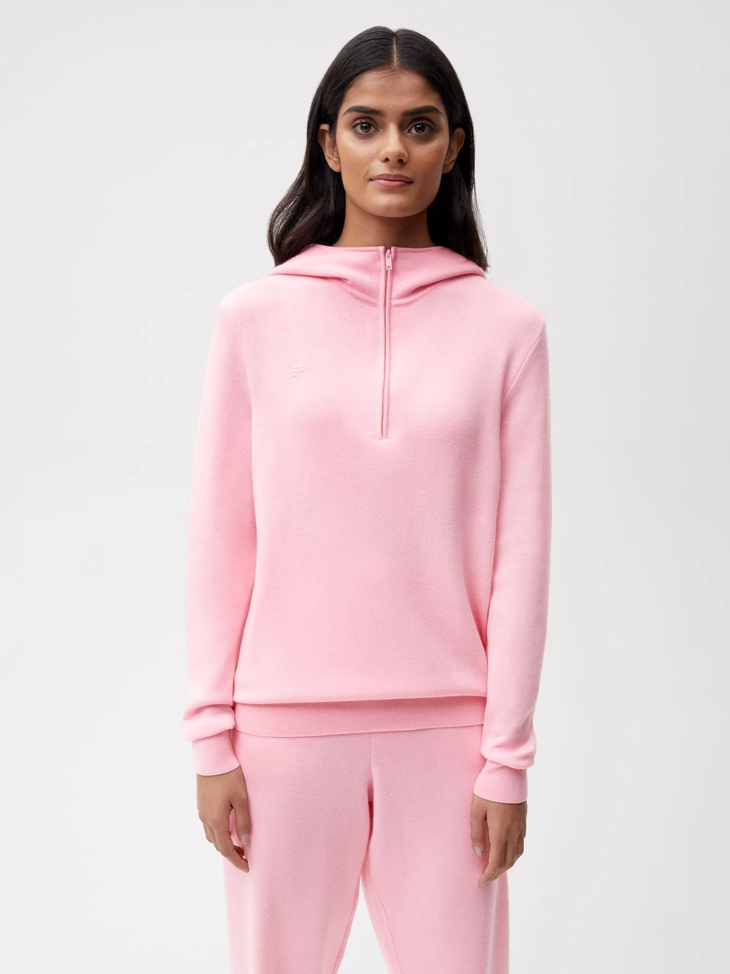 Merino Wool Half Zip Hoodie—sakura pink