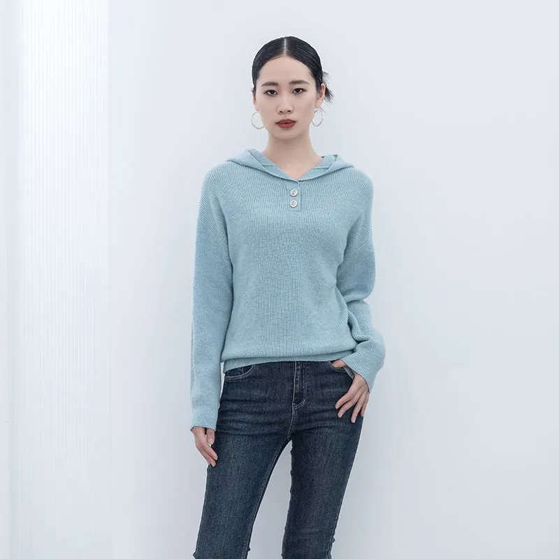 Mist Blue Long Sleeve Wool Hoodie Sweater