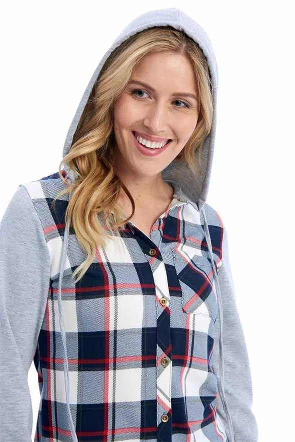 Passport Comfy Plaid Shirt with Hood in Red/Blue