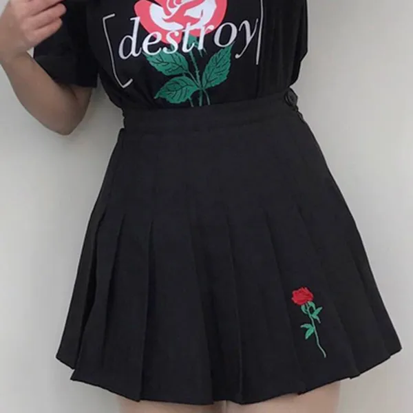 Rose Embroidery Black Pleated Skirt AD0096