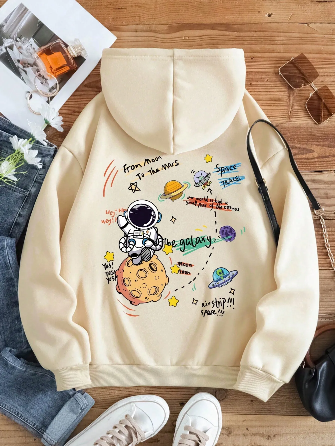 SHEIN EZwear Cartoon Printed Drawstring Hoodie From Moon To The Mars