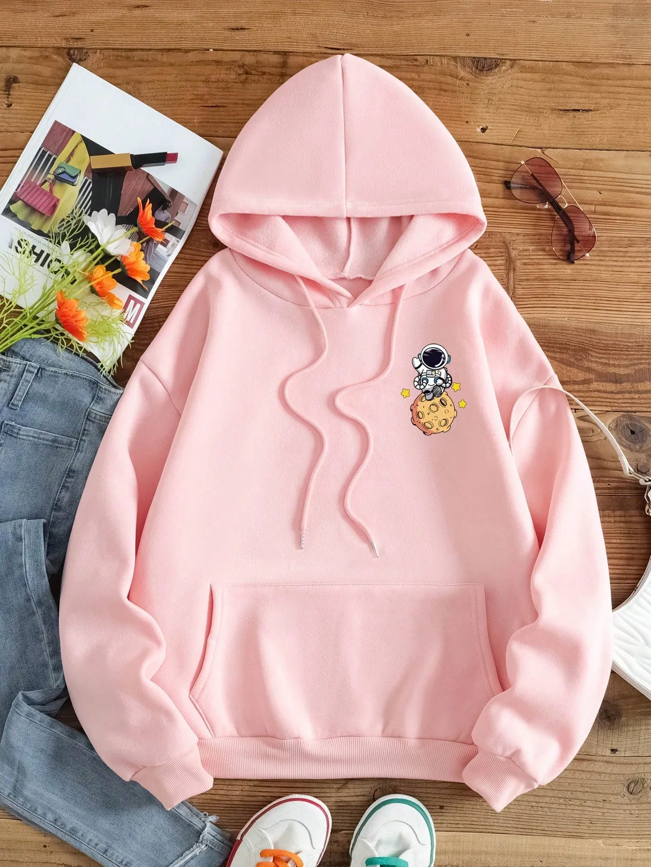 SHEIN EZwear Cartoon Printed Drawstring Hoodie From Moon To The Mars