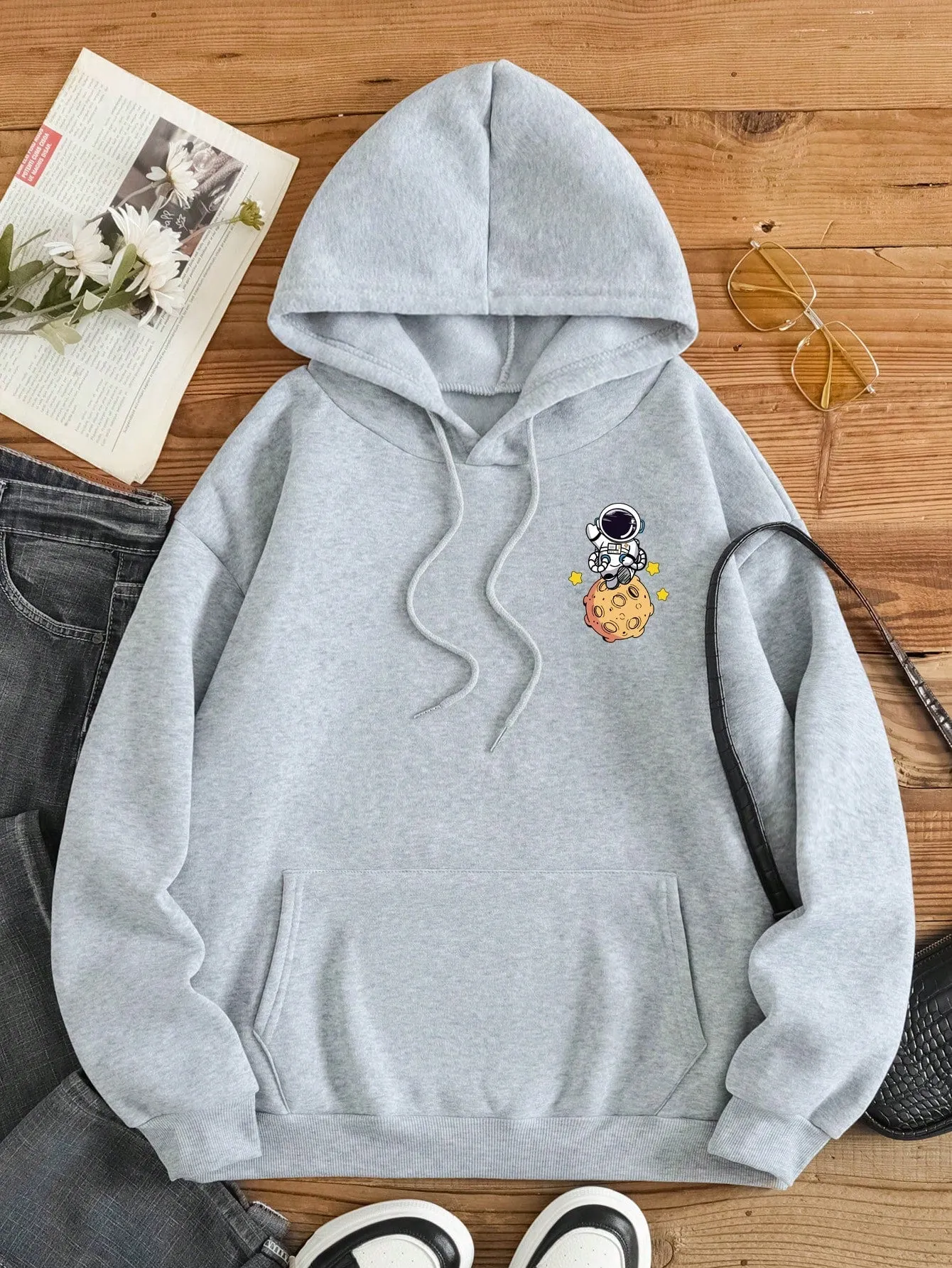 SHEIN EZwear Cartoon Printed Drawstring Hoodie From Moon To The Mars