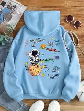 SHEIN EZwear Cartoon Printed Drawstring Hoodie From Moon To The Mars