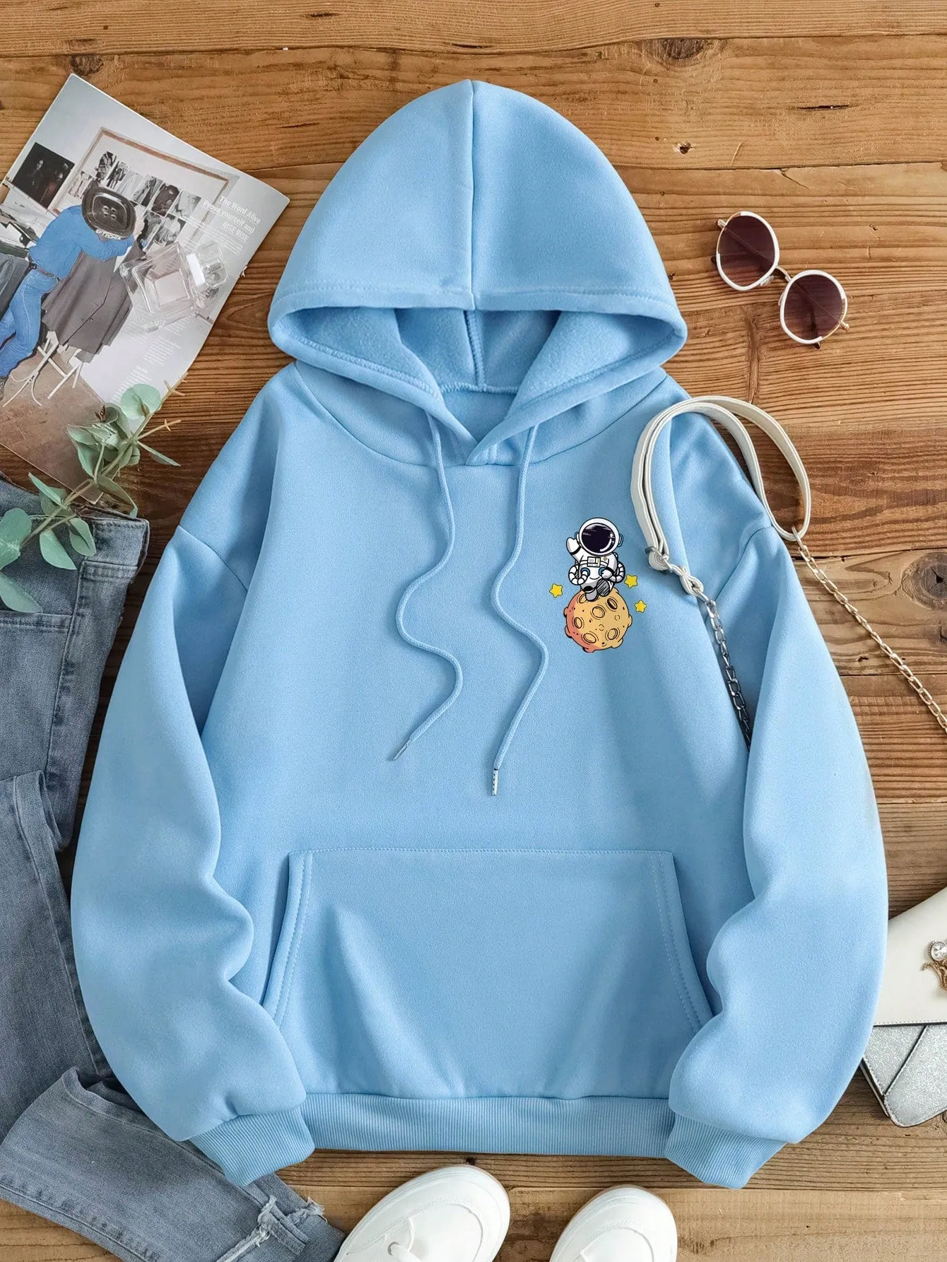 SHEIN EZwear Cartoon Printed Drawstring Hoodie From Moon To The Mars