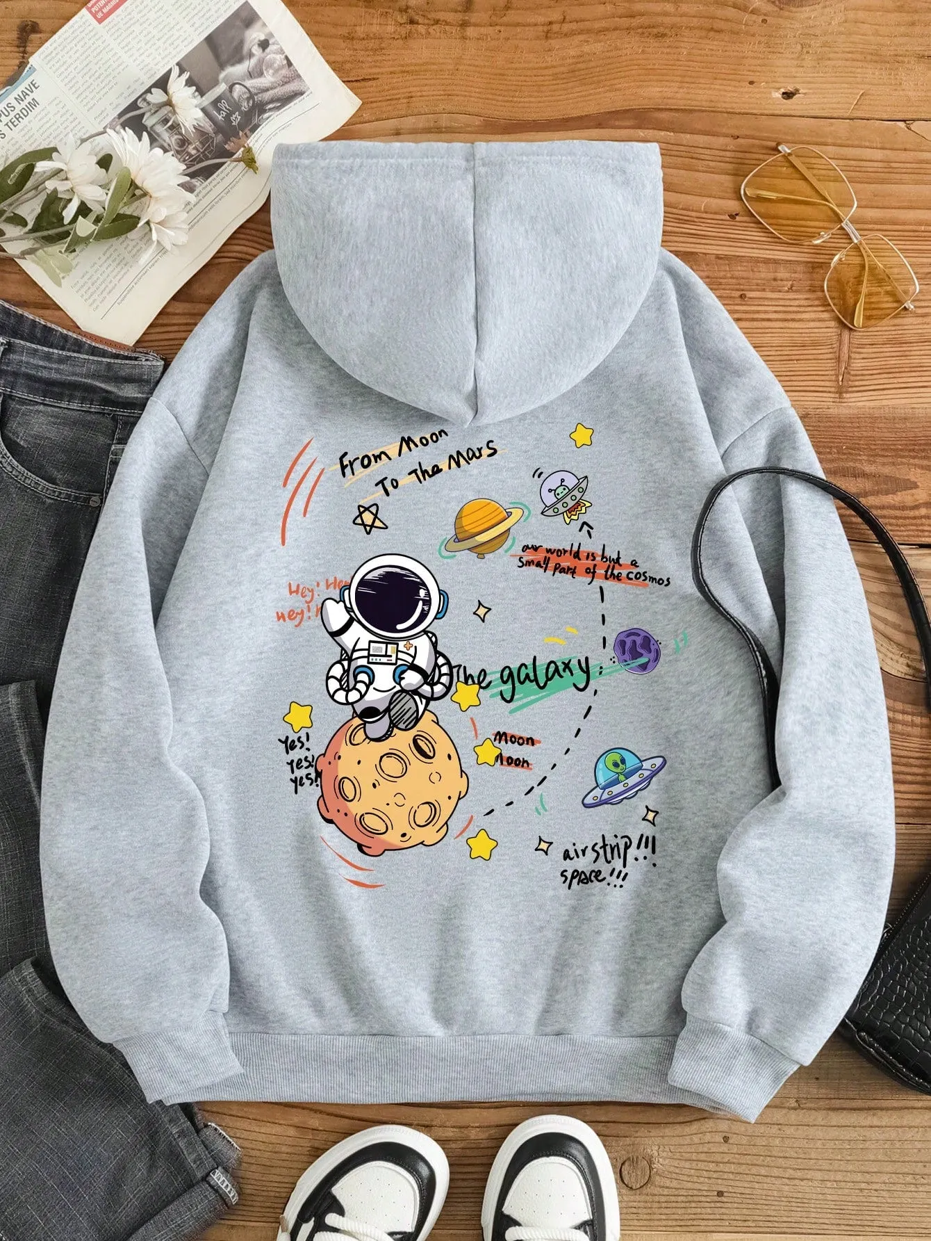 SHEIN EZwear Cartoon Printed Drawstring Hoodie From Moon To The Mars