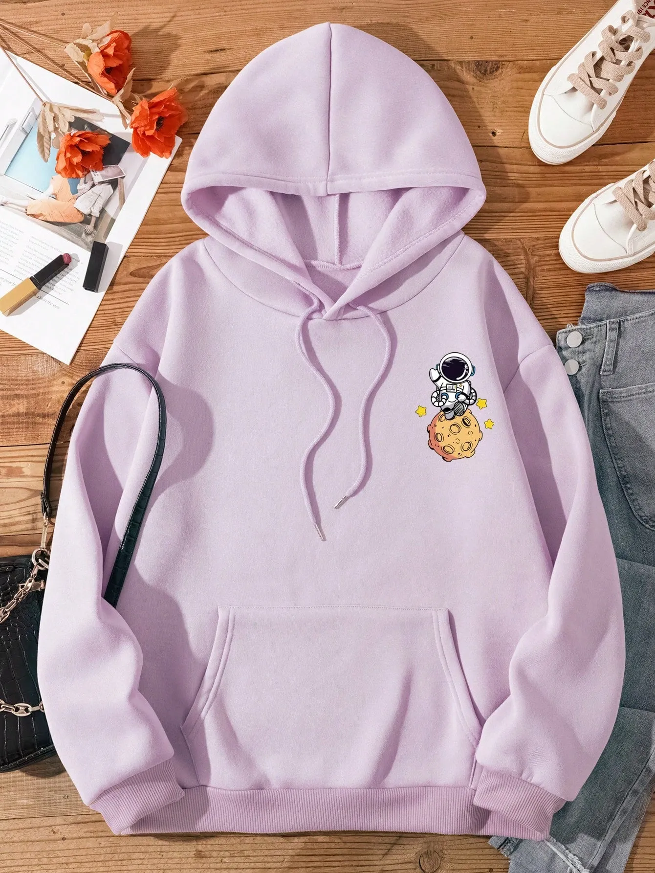 SHEIN EZwear Cartoon Printed Drawstring Hoodie From Moon To The Mars