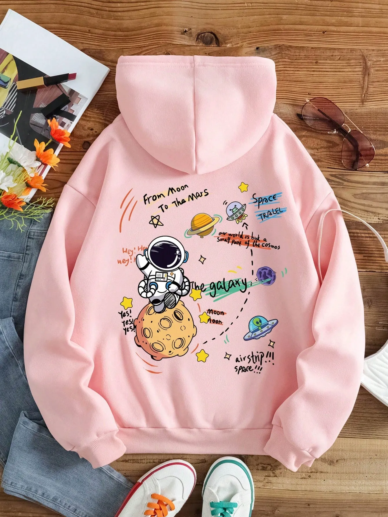 SHEIN EZwear Cartoon Printed Drawstring Hoodie From Moon To The Mars