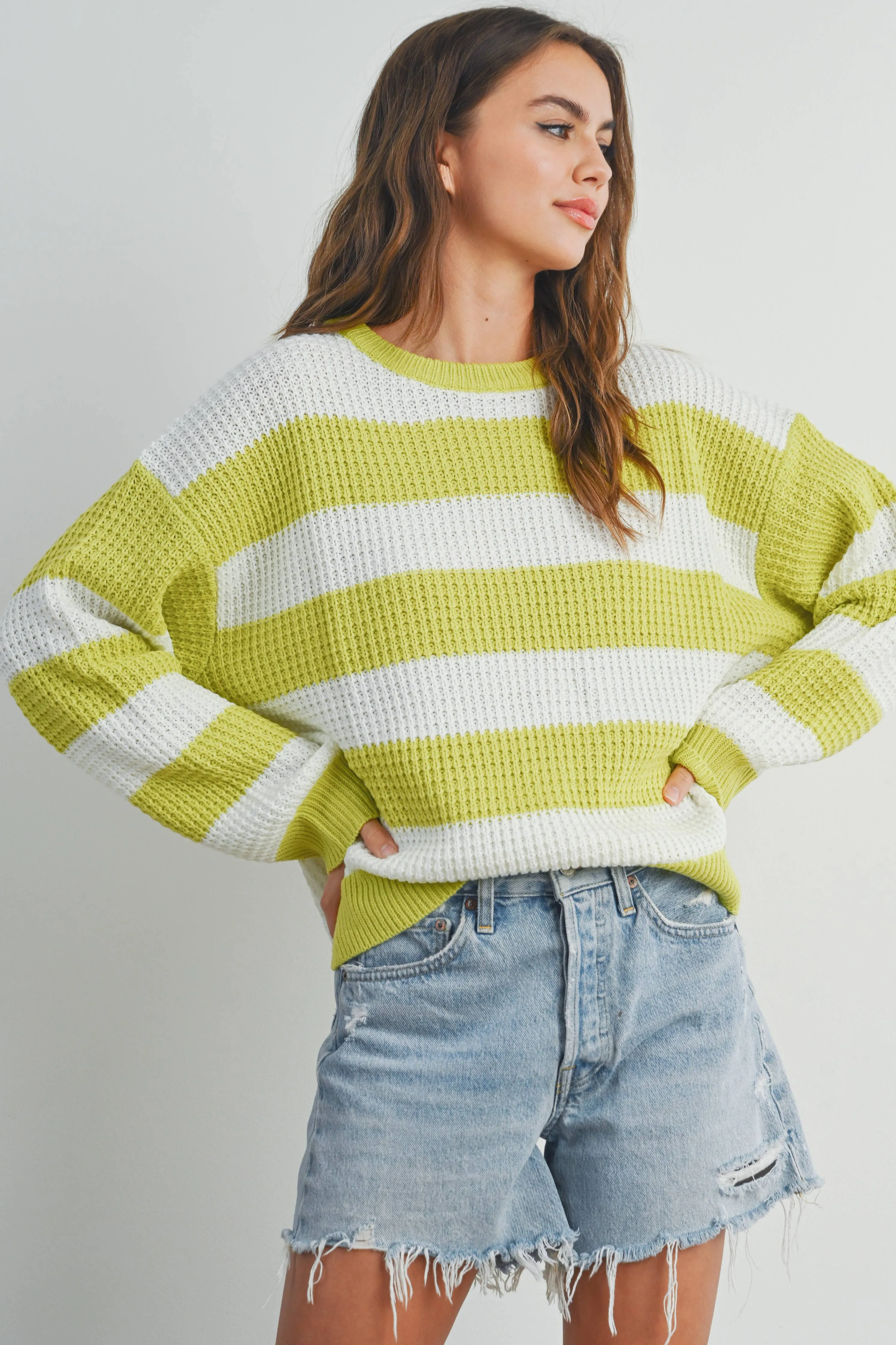 STRIPED ROUND NECK LONG SLEEVE SWEATER