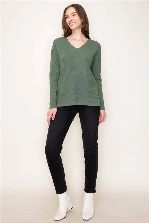 Wren Waffle V-Neck Long Sleeve Center Seamed Sweater