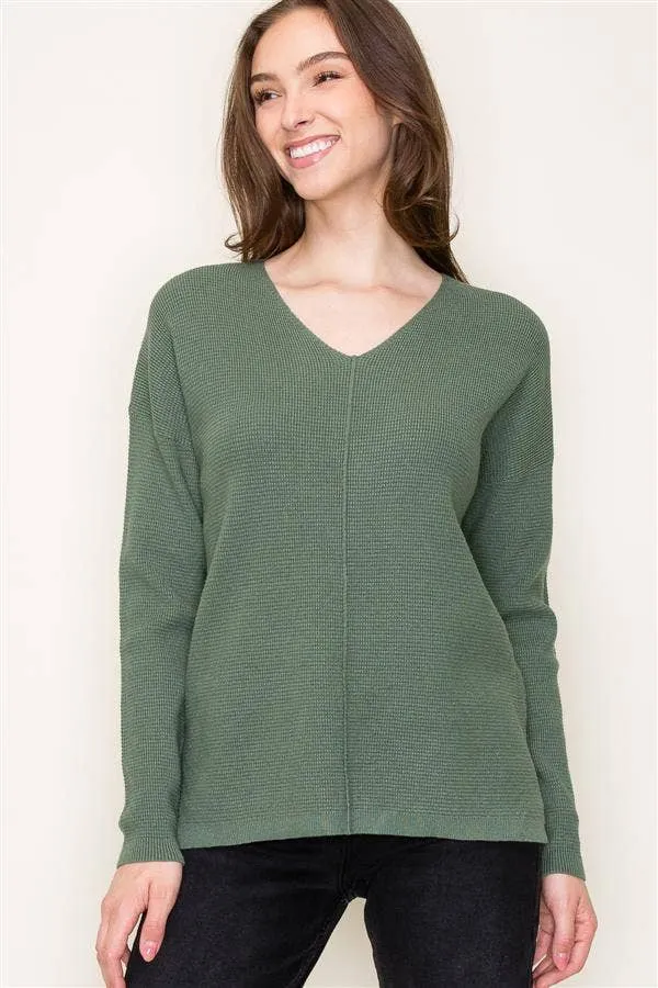 Wren Waffle V-Neck Long Sleeve Center Seamed Sweater