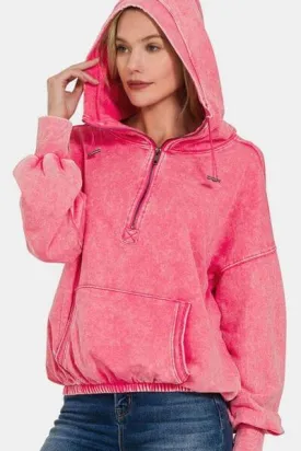 Zenana Dropped Shoulder Cotton Half Zip Hoodie