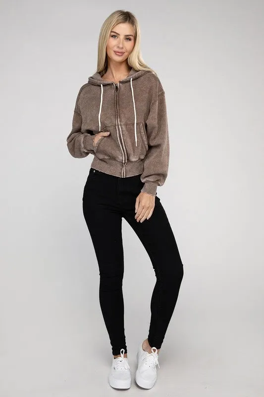 Zenana Ignite The Night Acid Wash Cropped Hoodie