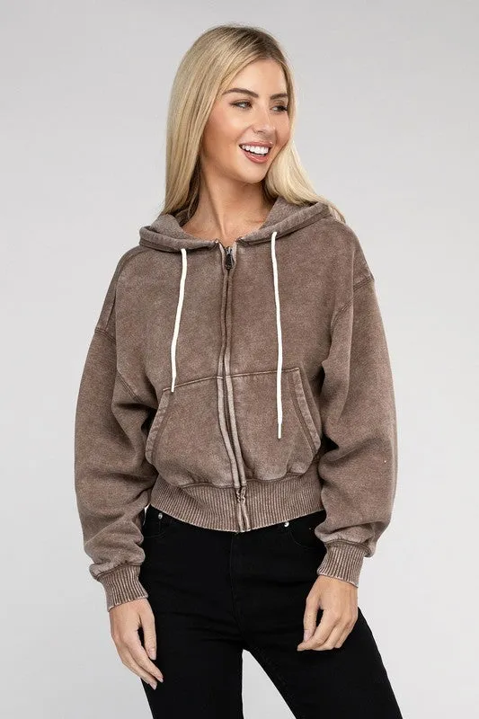 Zenana Ignite The Night Acid Wash Cropped Hoodie