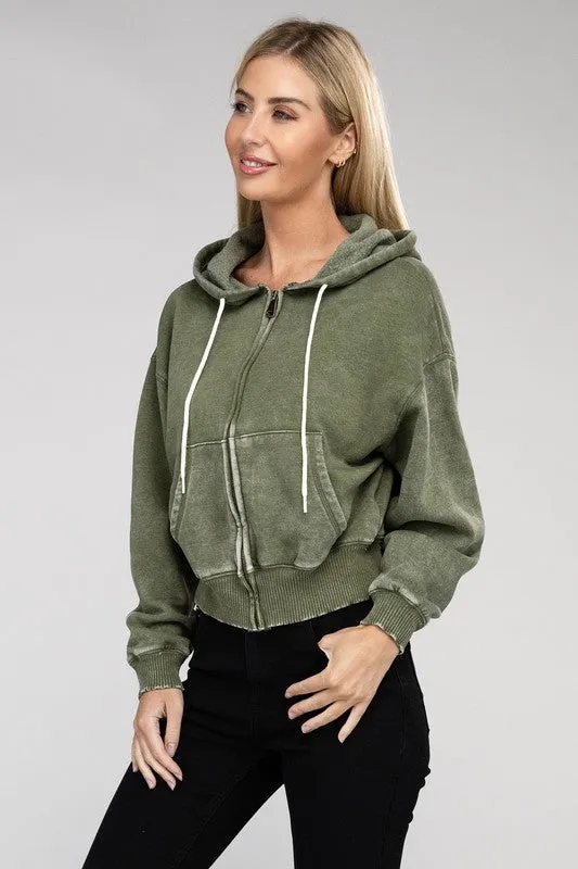 Zenana Ignite The Night Acid Wash Cropped Hoodie