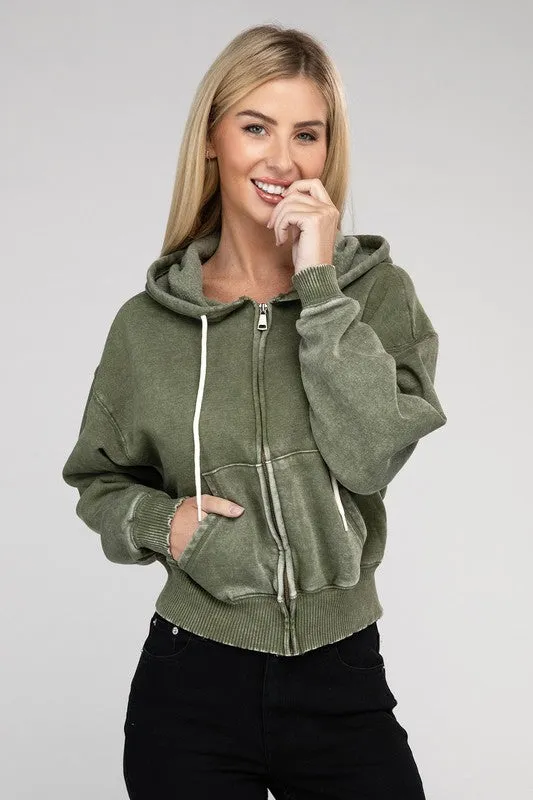 Zenana Ignite The Night Acid Wash Cropped Hoodie